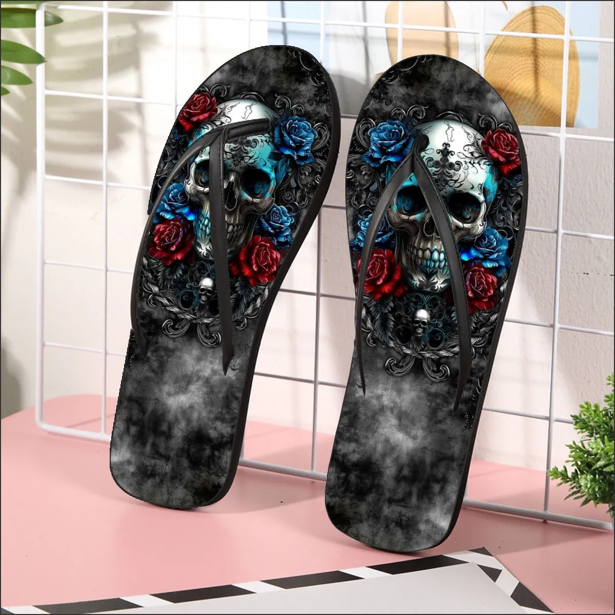 Skull Rose Ornament Gothic Flip Flops for Women Beach