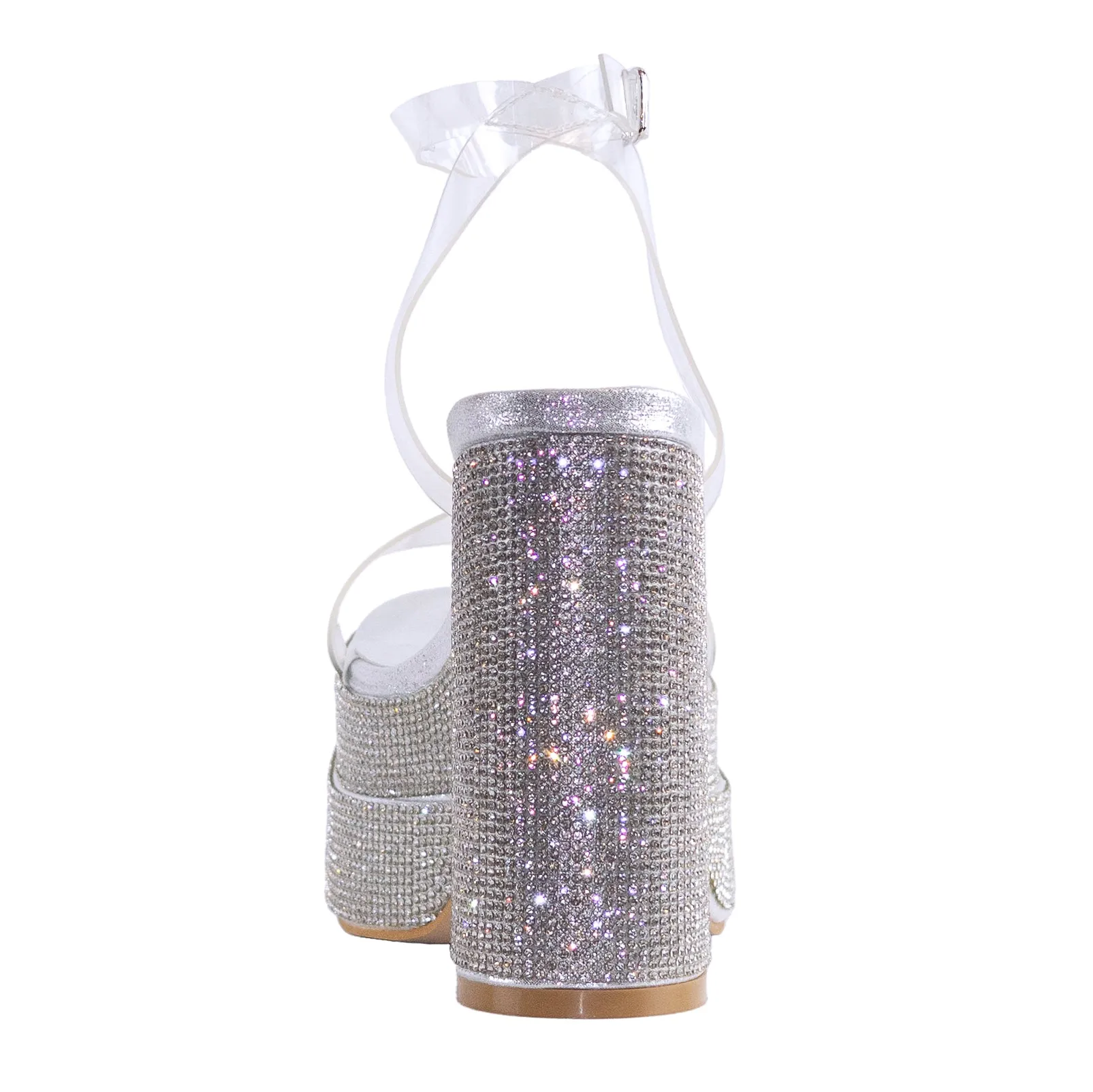 Sparkle - Rhinestone Block High Heels, Clear Straps & Glitter Detailing, Glamorous Party Footwear, Bold & Eye-Catching for Special Occasions
