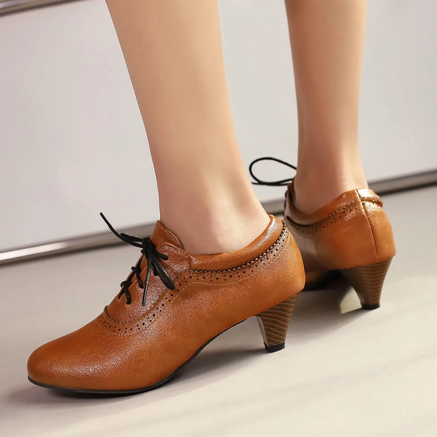 Women's Brown Classic Leather Stacked Heel Dress Mary Jane Round Toe Elegant Office Pumps Shoes