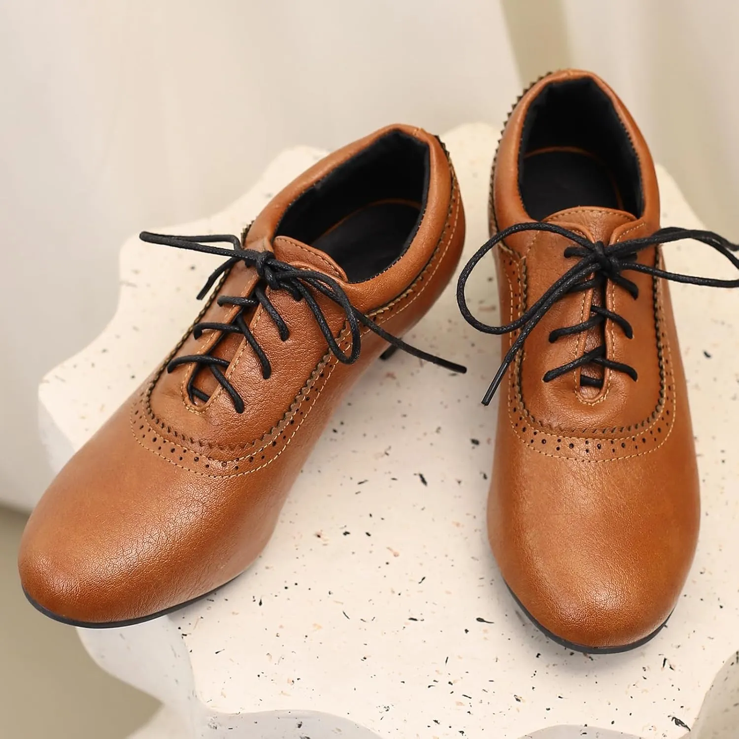 Women's Brown Classic Leather Stacked Heel Dress Mary Jane Round Toe Elegant Office Pumps Shoes