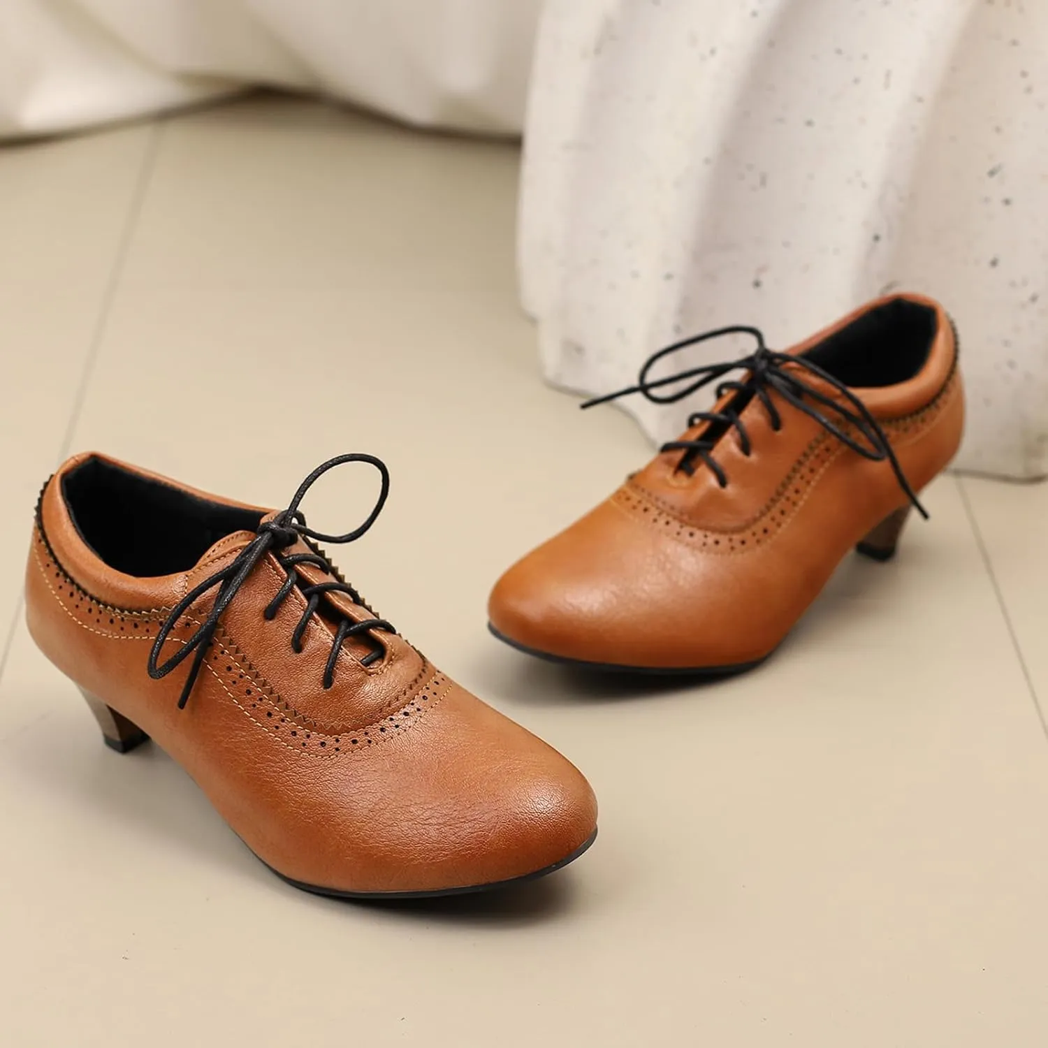 Women's Brown Classic Leather Stacked Heel Dress Mary Jane Round Toe Elegant Office Pumps Shoes