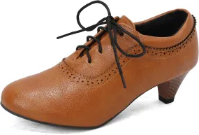 Women's Brown Classic Leather Stacked Heel Dress Mary Jane Round Toe Elegant Office Pumps Shoes