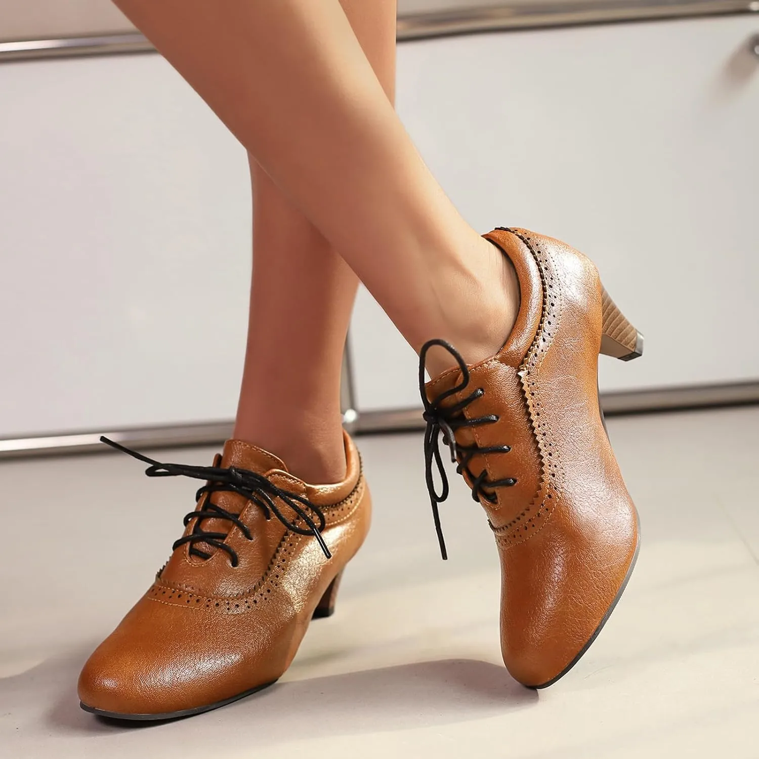 Women's Brown Classic Leather Stacked Heel Dress Mary Jane Round Toe Elegant Office Pumps Shoes
