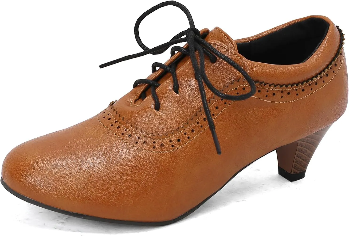 Women's Brown Classic Leather Stacked Heel Dress Mary Jane Round Toe Elegant Office Pumps Shoes