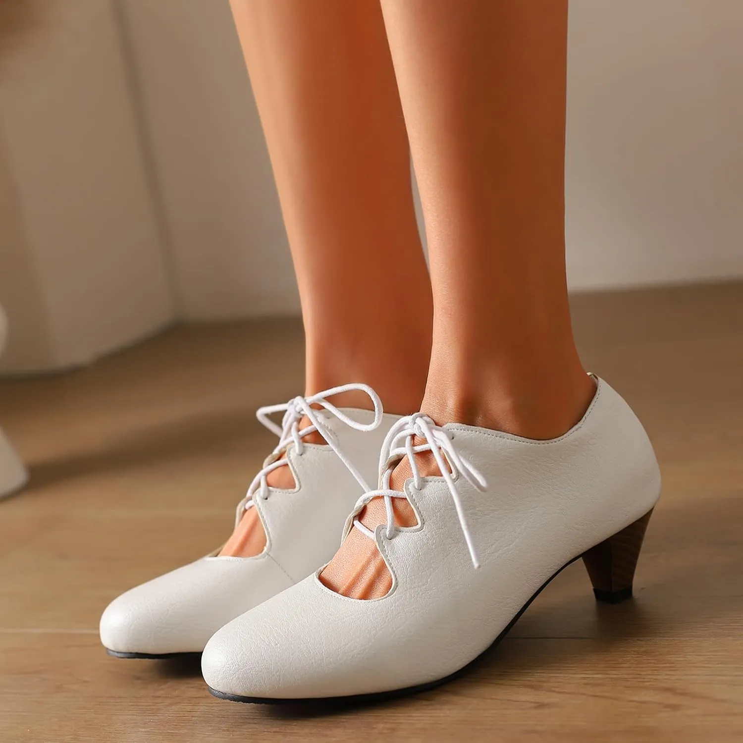 Women's Brown Classic Leather Stacked Heel Dress Mary Jane Round Toe Elegant Office Pumps
