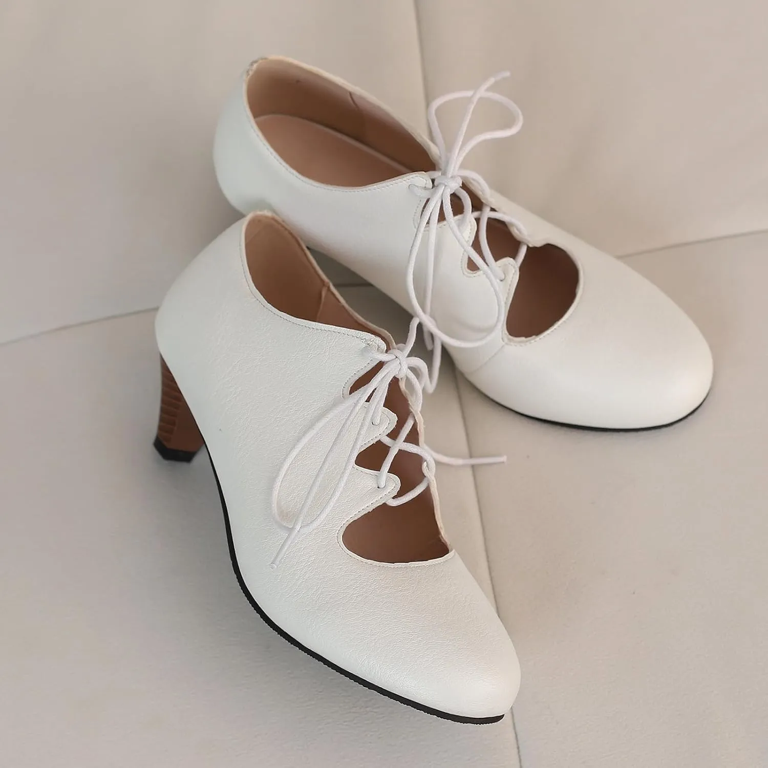 Women's Brown Classic Leather Stacked Heel Dress Mary Jane Round Toe Elegant Office Pumps