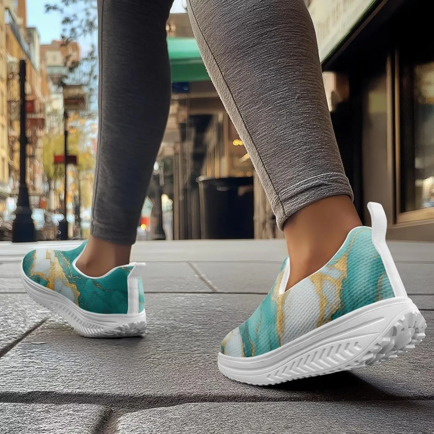 Womens Shoes Wedge Rocker Bottom Anti Slip Walking Lightweight Casual Sneakers Marble Print Slip Resistant
