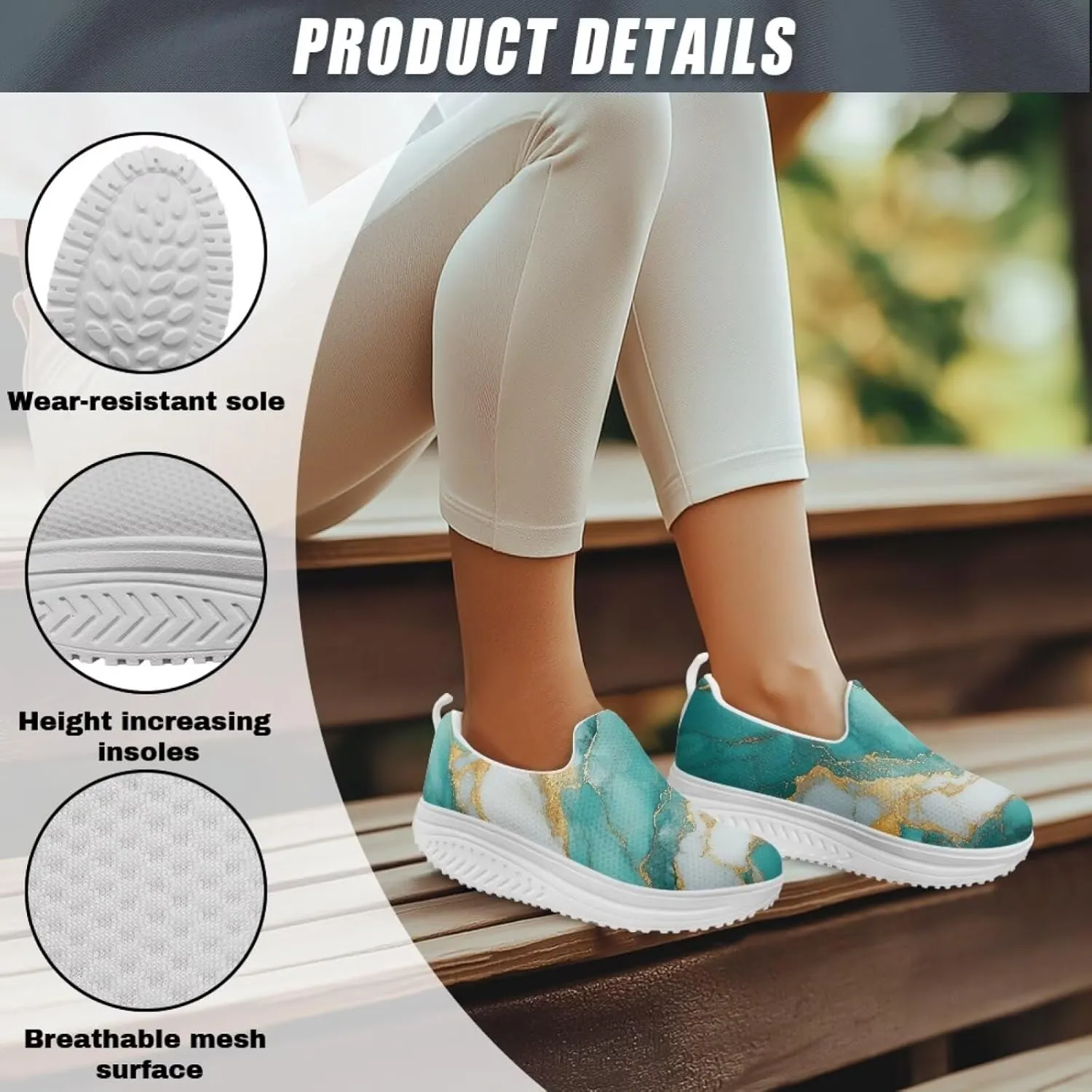 Womens Shoes Wedge Rocker Bottom Anti Slip Walking Lightweight Casual Sneakers Marble Print Slip Resistant